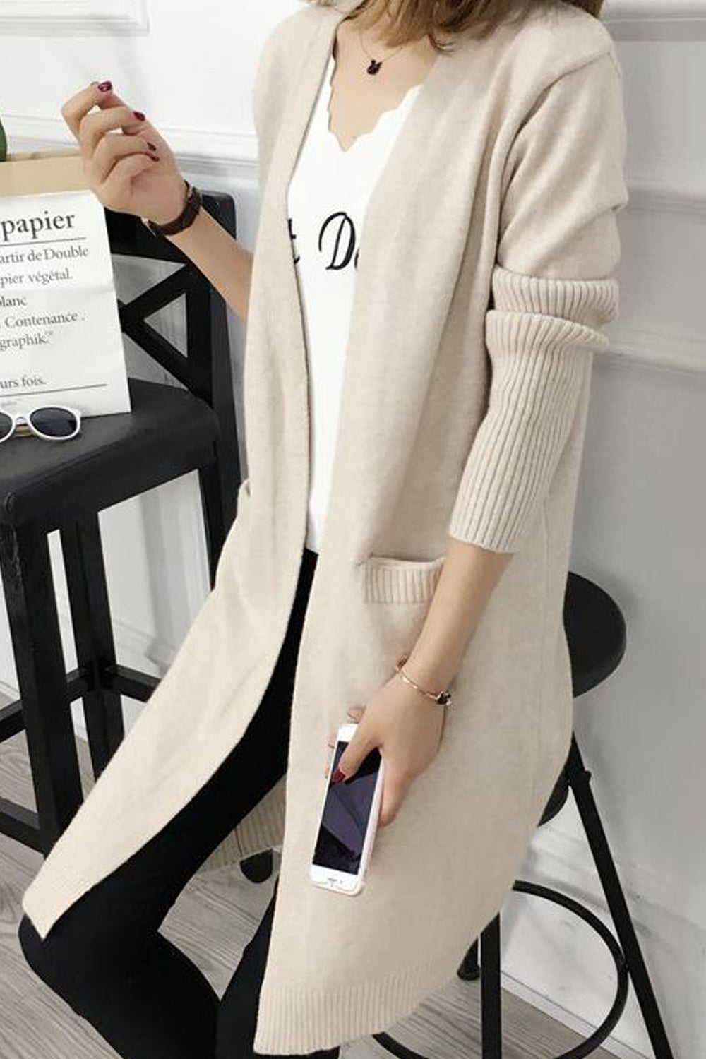 Women Long Length Elegant Solid Colored Thick Lovely Cardigan