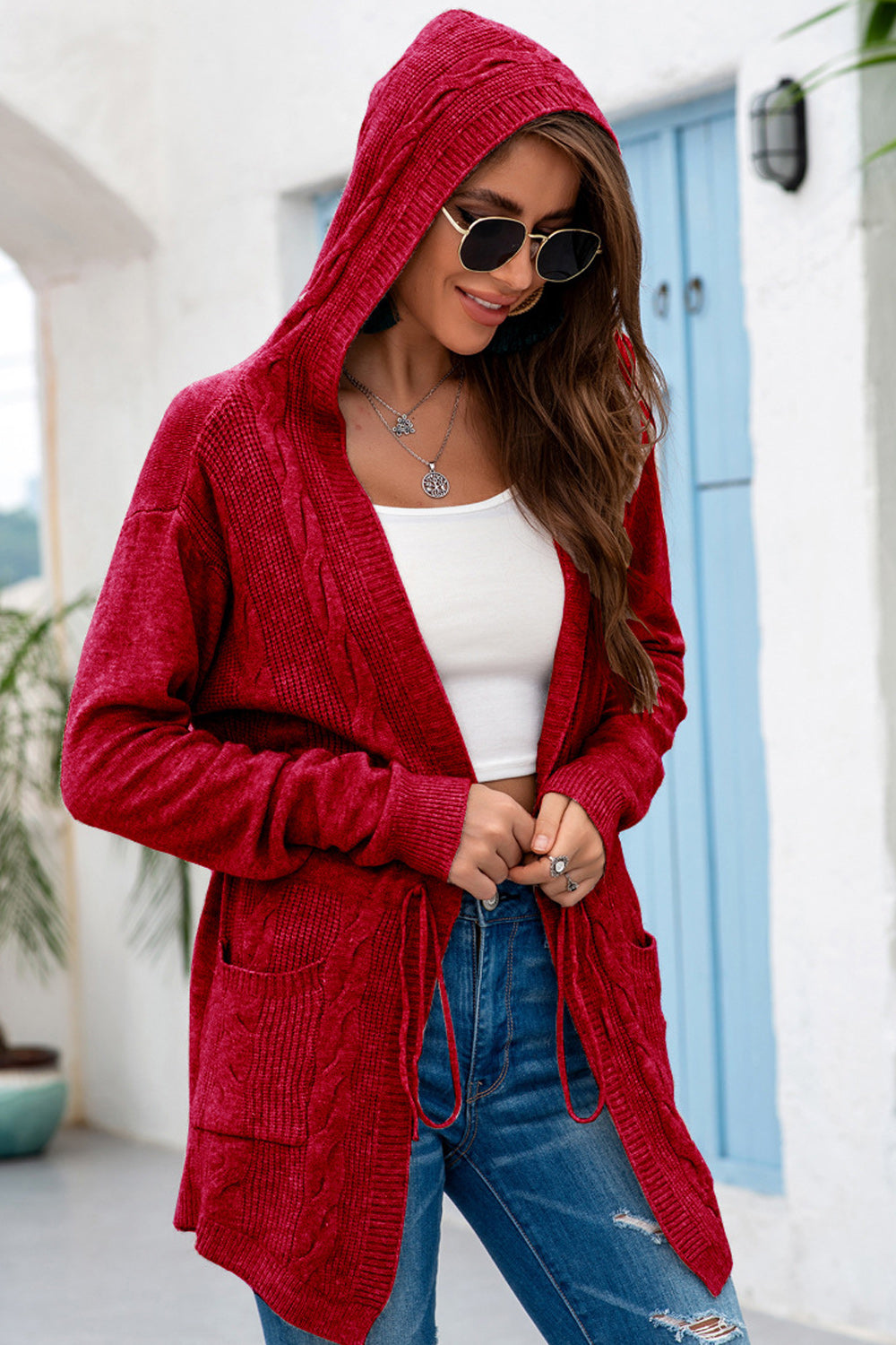 Women Hood Neck Tie Waist Comfortable Long Sleeve Cardigan