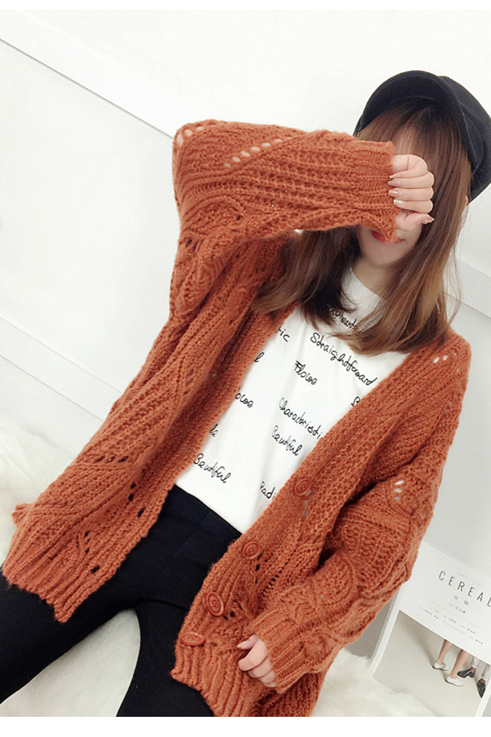 Women Charming Knitted Solid Colored Long Sleeve Thick Cardigan