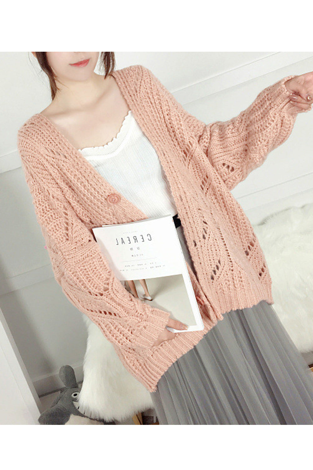Women Charming Knitted Solid Colored Long Sleeve Thick Cardigan