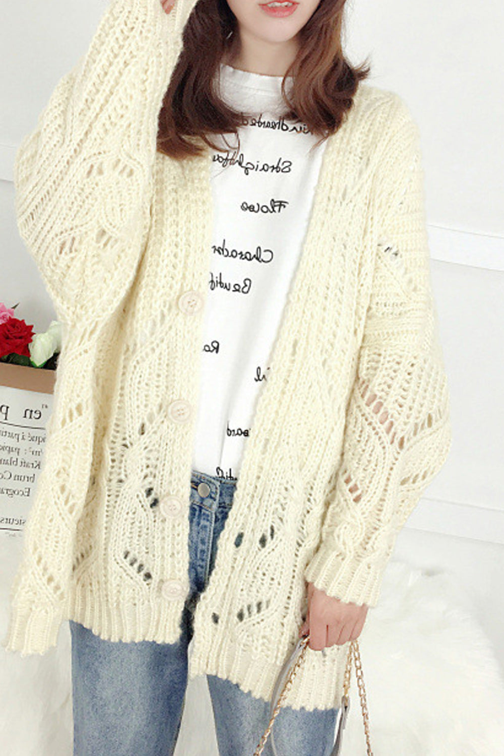Women Charming Knitted Solid Colored Long Sleeve Thick Cardigan