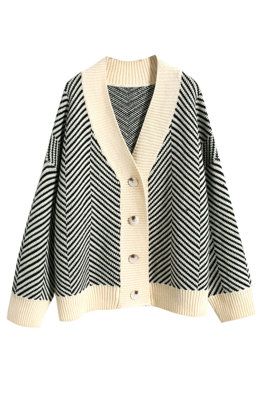 Women Trendy V-Neck Striped Pattern Long Sleeve Thick Cozy Cardigan