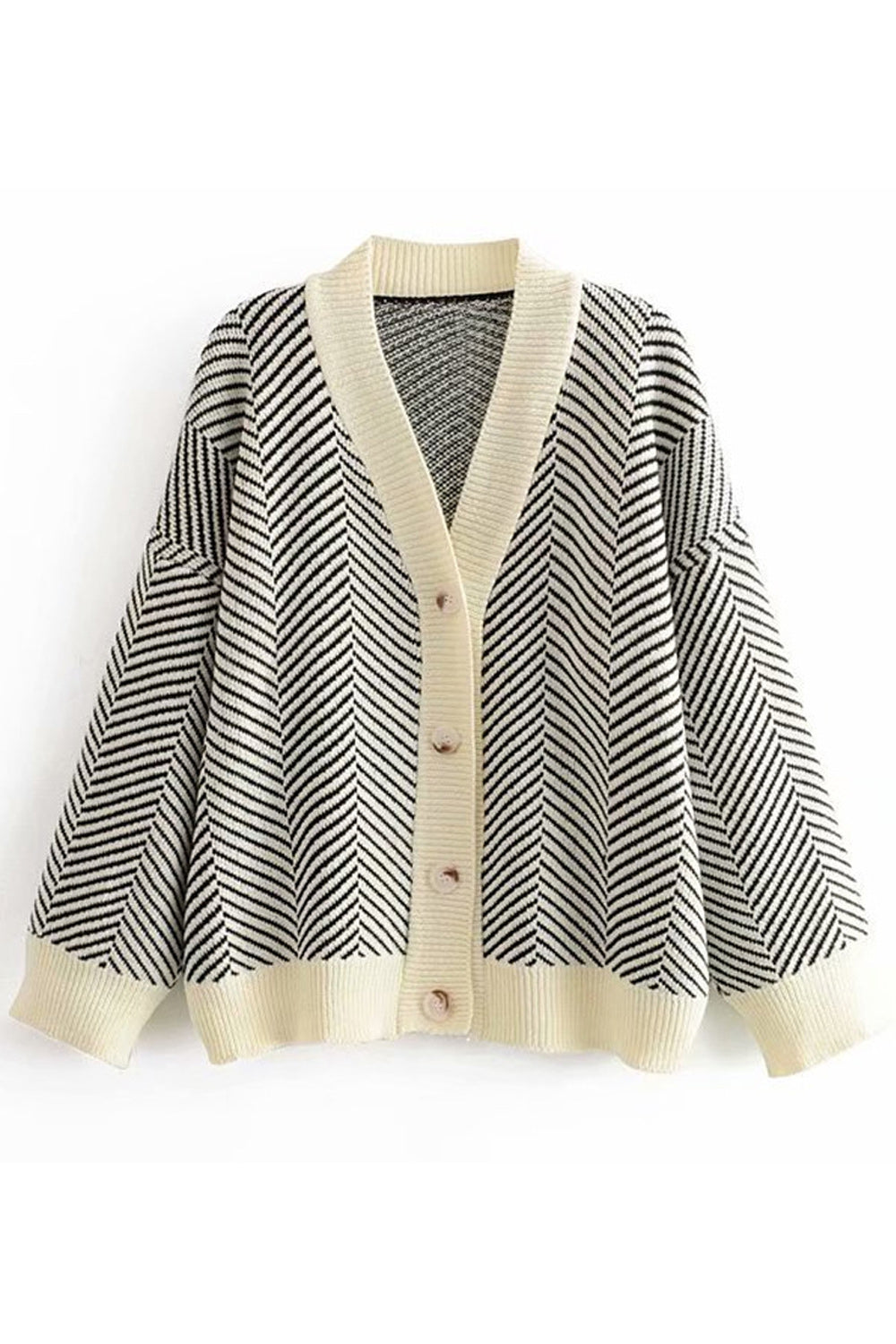 Women Trendy V-Neck Striped Pattern Long Sleeve Thick Cozy Cardigan