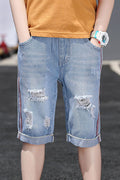 Kids Boys Adorable Striped Pattern Elasticated Mid-Waist Thin & Soft Summer Ripped Denim Short