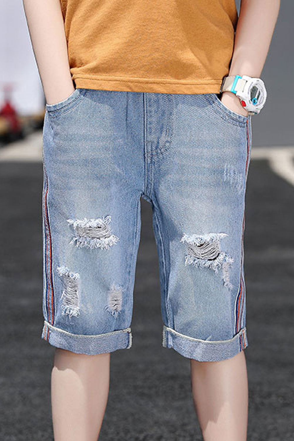 Kids Boys Adorable Striped Pattern Elasticated Mid-Waist Thin & Soft Summer Ripped Denim Short
