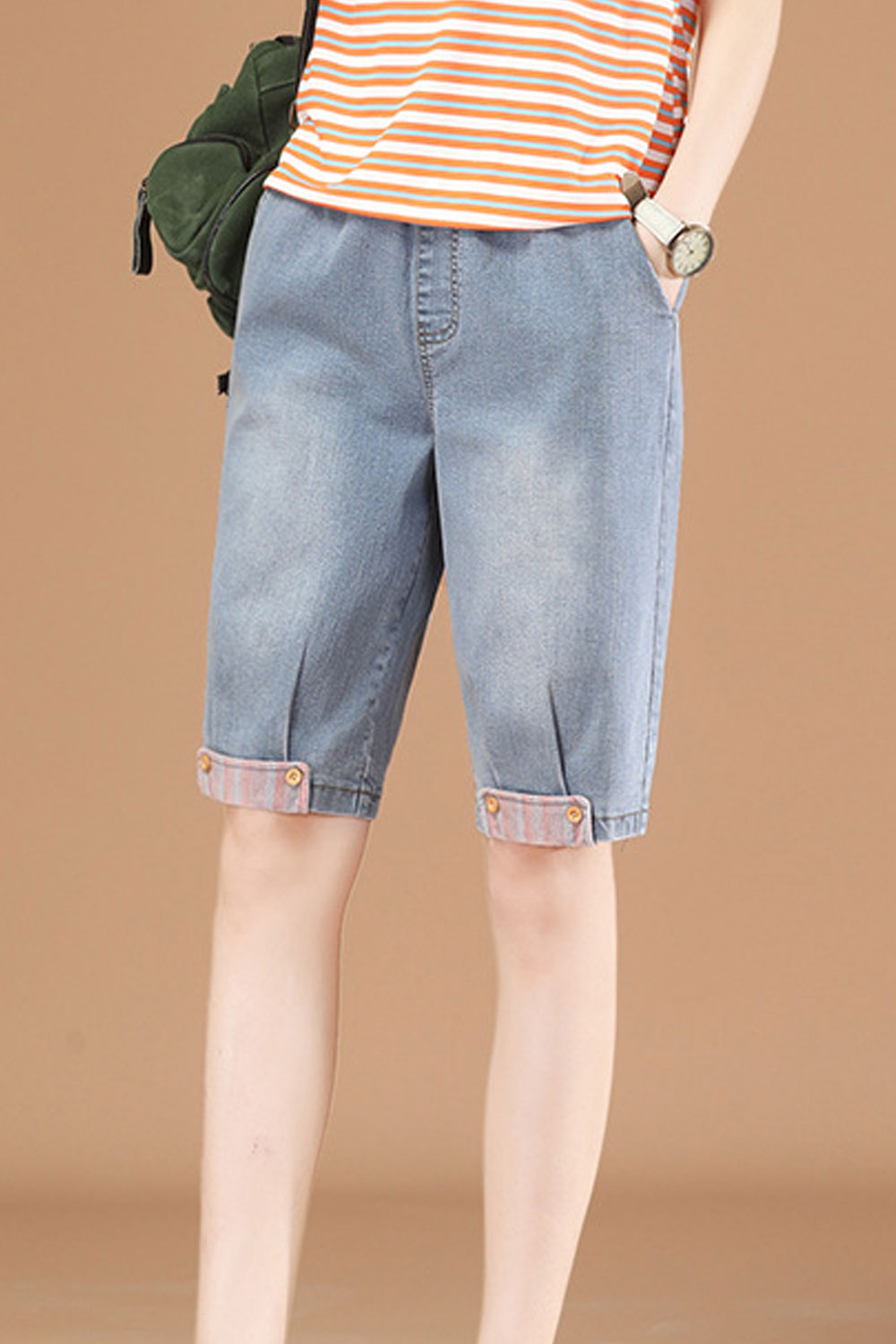 Women Restful Elasticated Waist Solid Pattern Thin Summer Denim Short