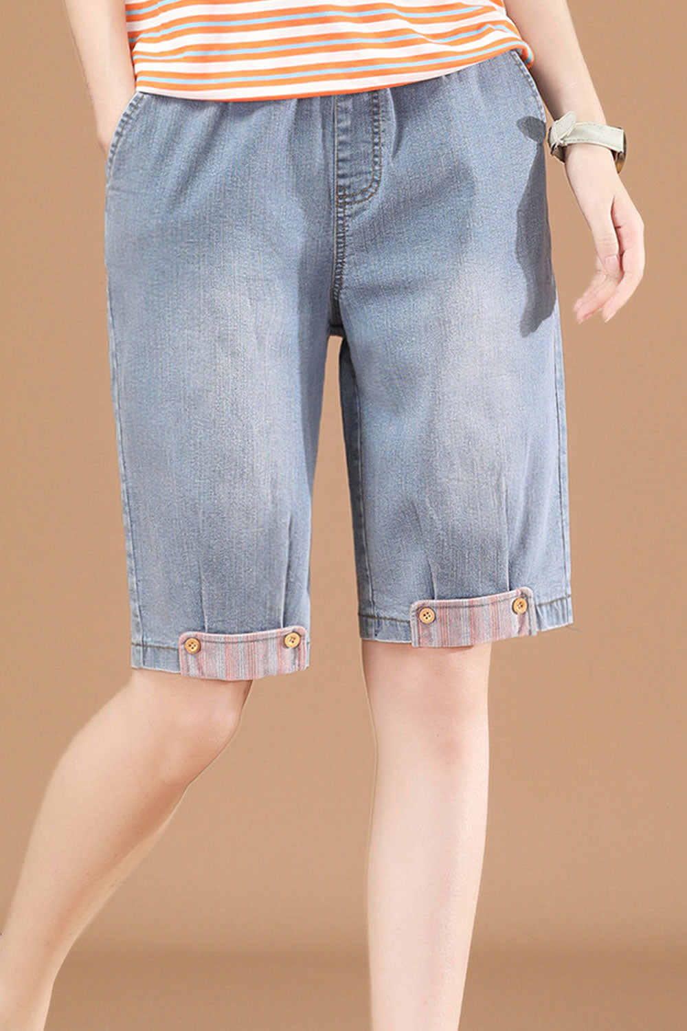 Women Restful Elasticated Waist Solid Pattern Thin Summer Denim Short