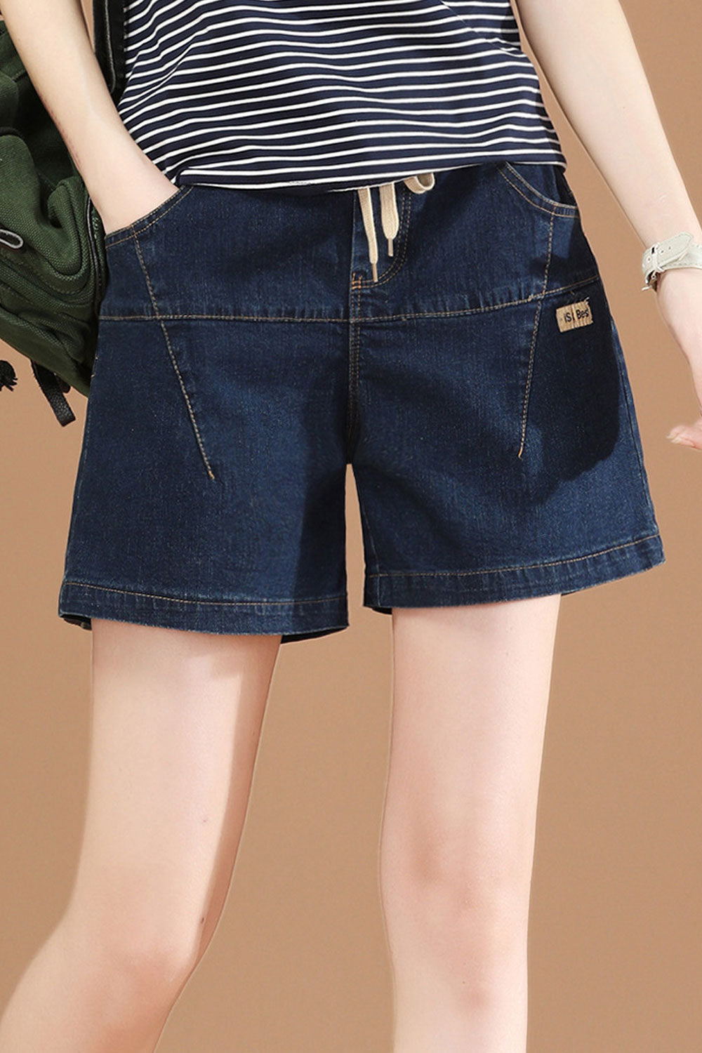 Women Superb Drawstring Elasticated Waist Modern Stitched Solid Pattern Summer Denim Short
