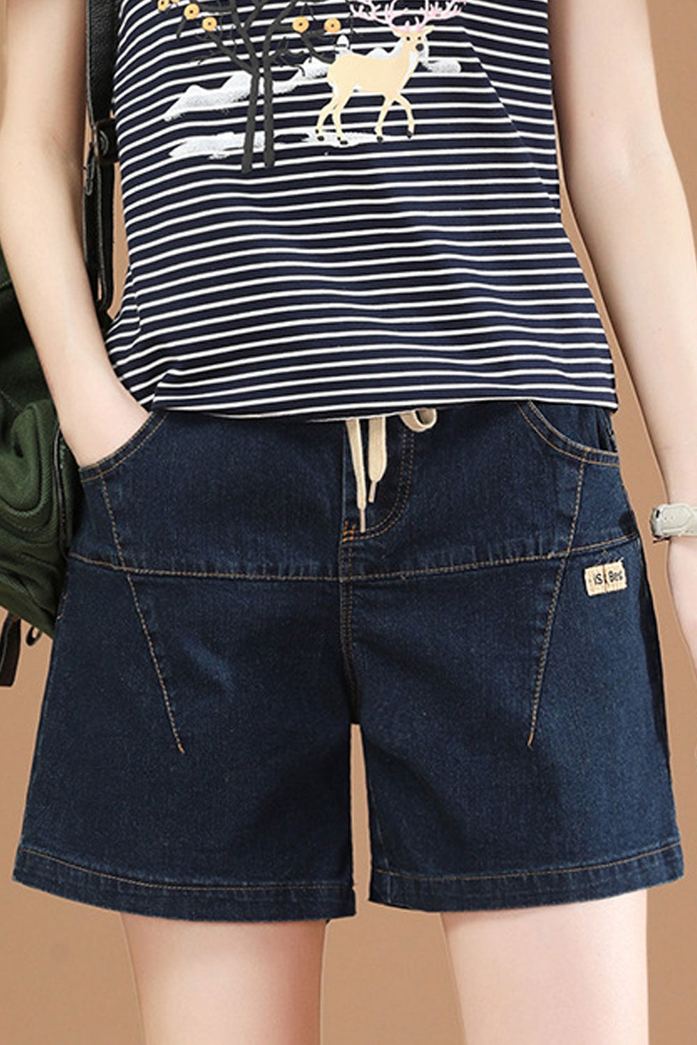 Women Superb Drawstring Elasticated Waist Modern Stitched Solid Pattern Summer Denim Short