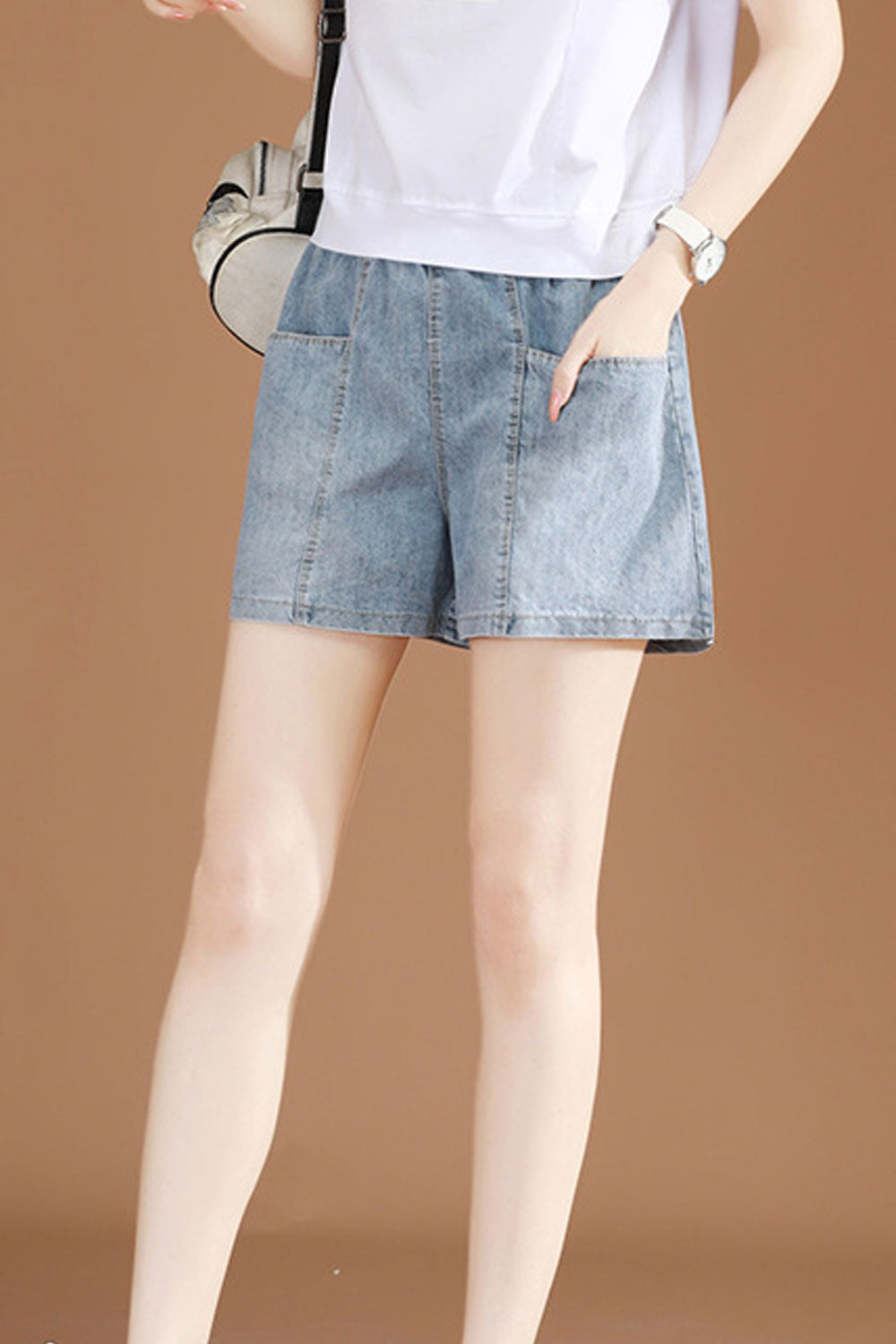 Women Relaxing Elasticated Waist Flap Pockets Solid Pattern Thin Summer Denim Short