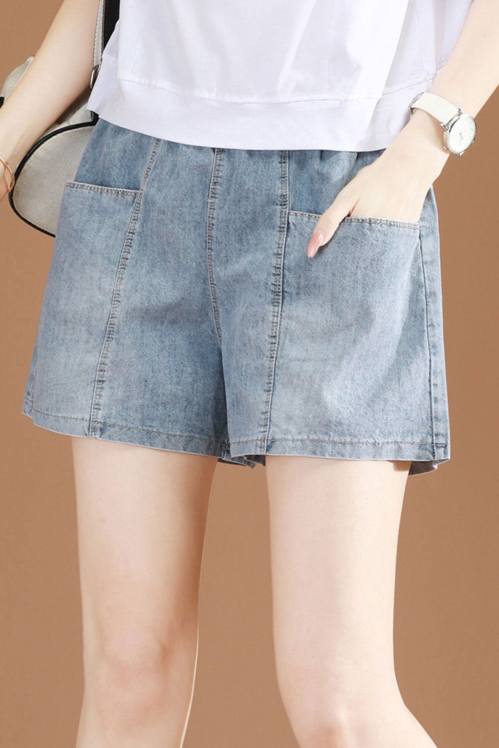 Women Relaxing Elasticated Waist Flap Pockets Solid Pattern Thin Summer Denim Short