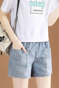 Women Relaxing Elasticated Waist Flap Pockets Solid Pattern Thin Summer Denim Short