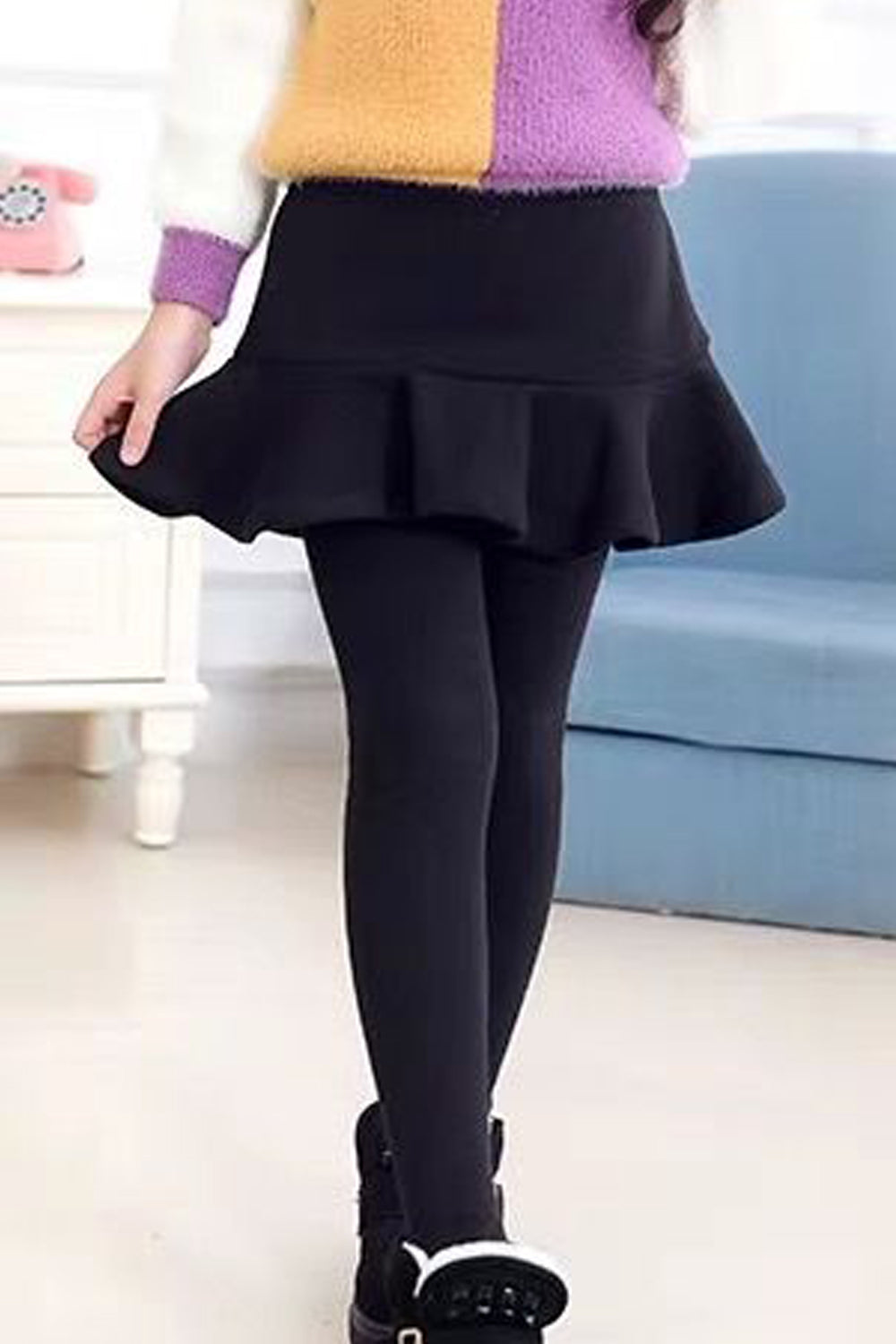Kids Girls Knitted Ruffled Styled Restful Waist Lovely Solid Colored Slim Fit Casual Leggings