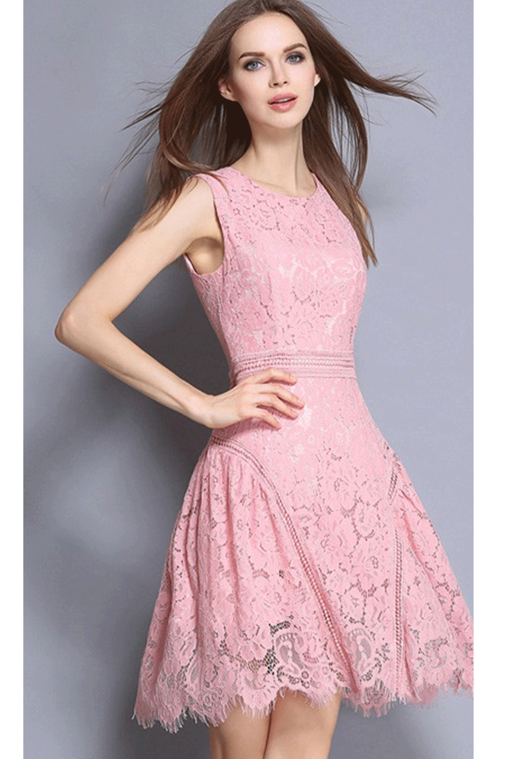 Women Sleeveless Waist Fitted Short Length Dress Pink