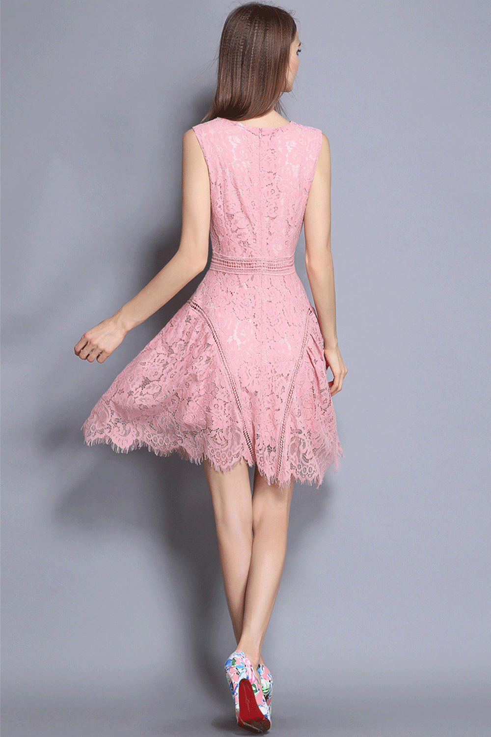 Women Sleeveless Waist Fitted Short Length Dress Pink