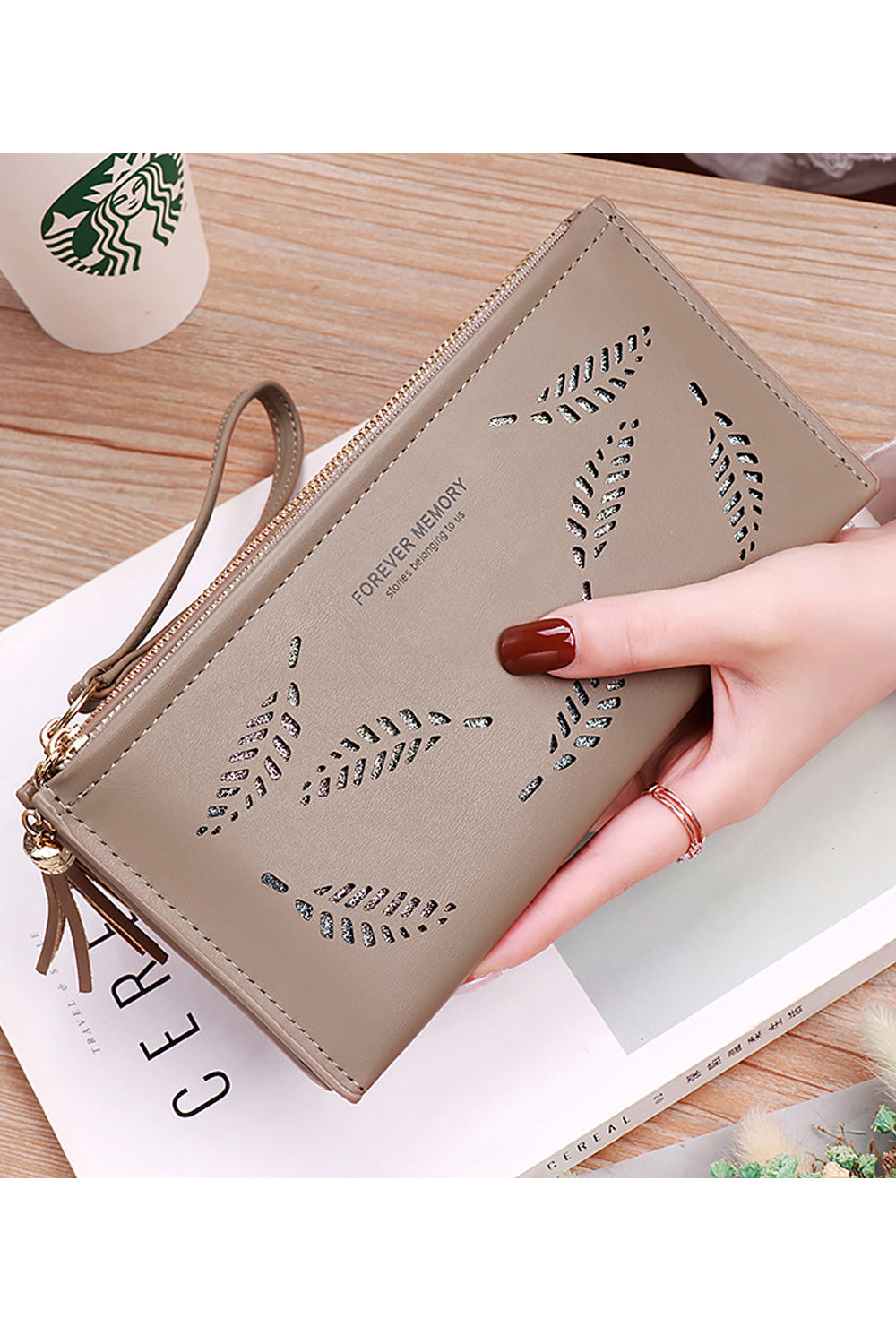Women Horizontal Zipper Closure Hollow Superb Solid Colored Two Folds PU Casual Wallet