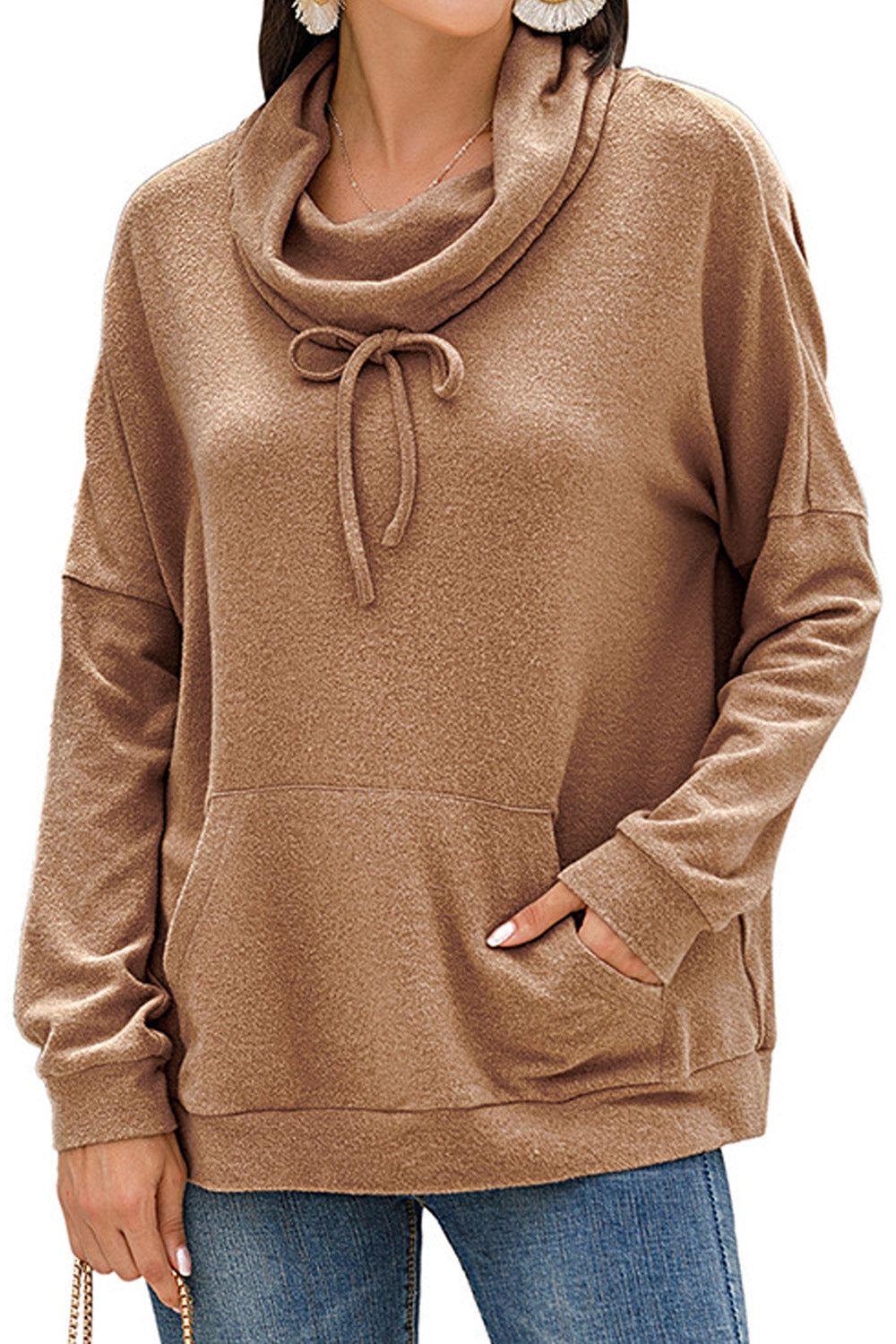 Women Modern Drawstring Closure Solid Pattern Long Sleeve Kangaroo Pocket Winter Sweatshirt