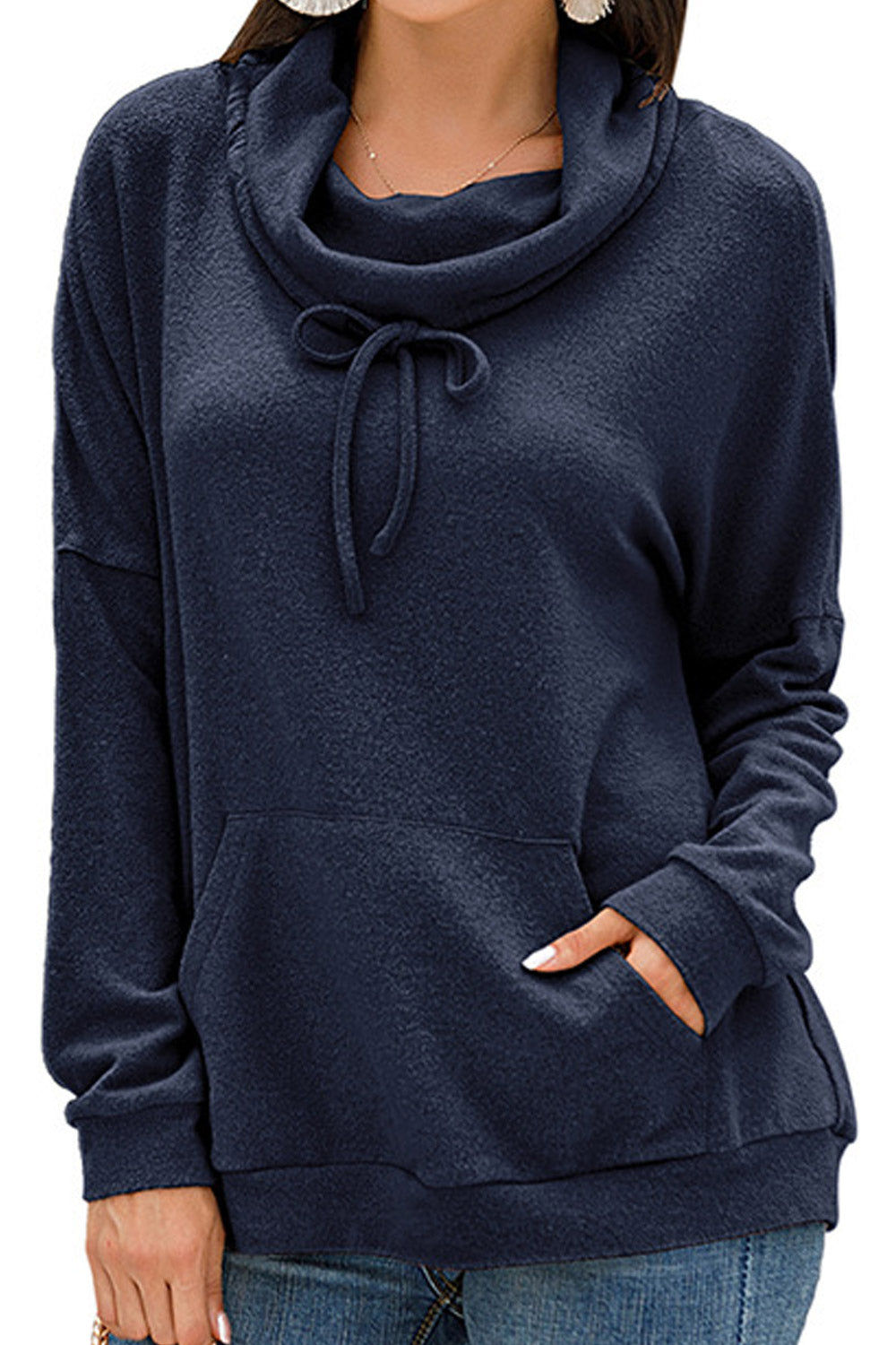 Women Modern Drawstring Closure Solid Pattern Long Sleeve Kangaroo Pocket Winter Sweatshirt