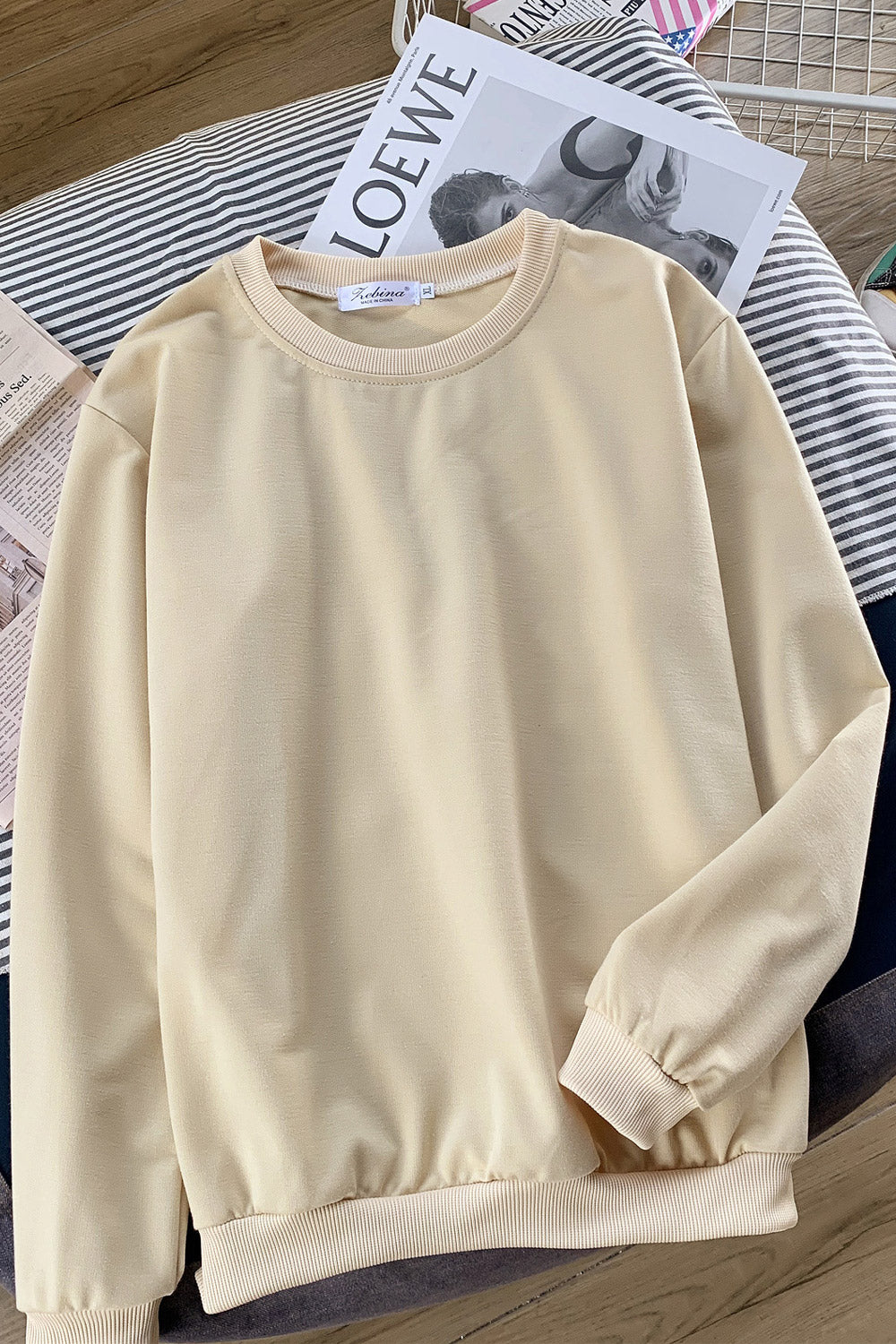 Women Comfartbale Round Neck Ribbed Hem Solid Color Autumn Sweatshirt