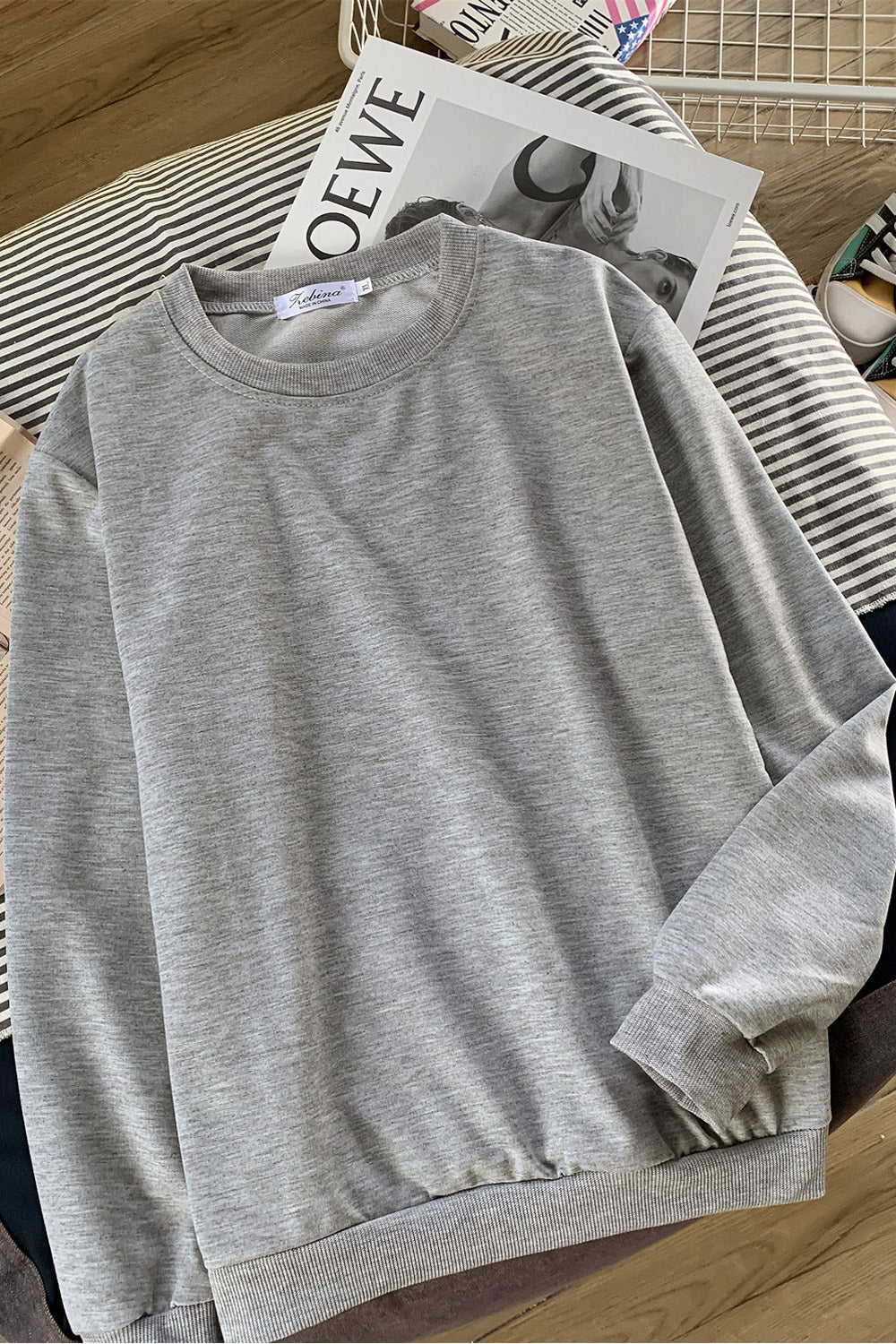 Women Comfartbale Round Neck Ribbed Hem Solid Color Autumn Sweatshirt