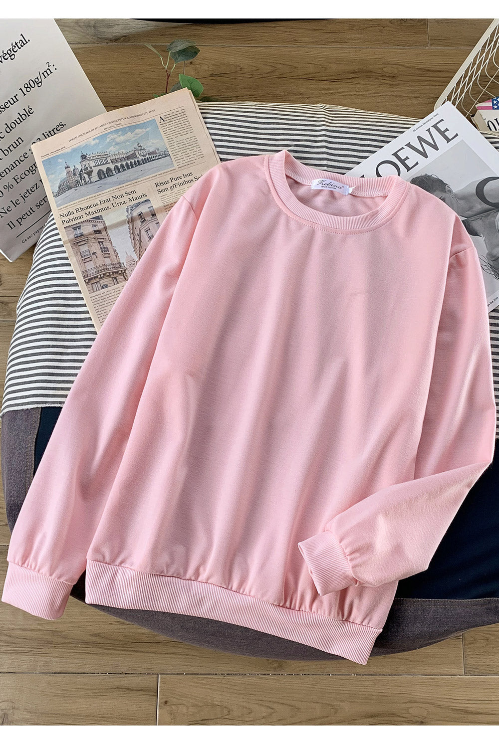 Women Comfartbale Round Neck Ribbed Hem Solid Color Autumn Sweatshirt