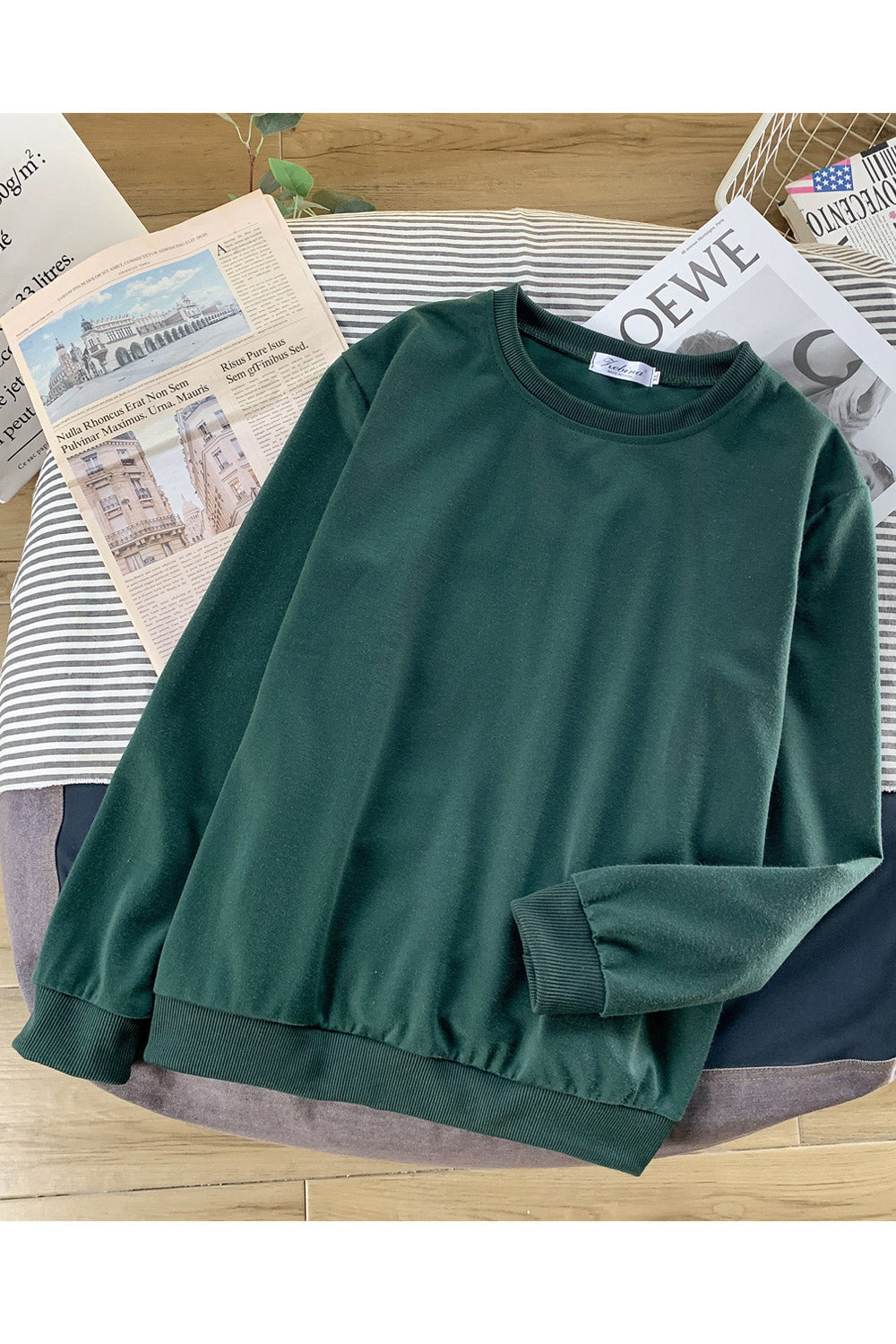 Women Comfartbale Round Neck Ribbed Hem Solid Color Autumn Sweatshirt