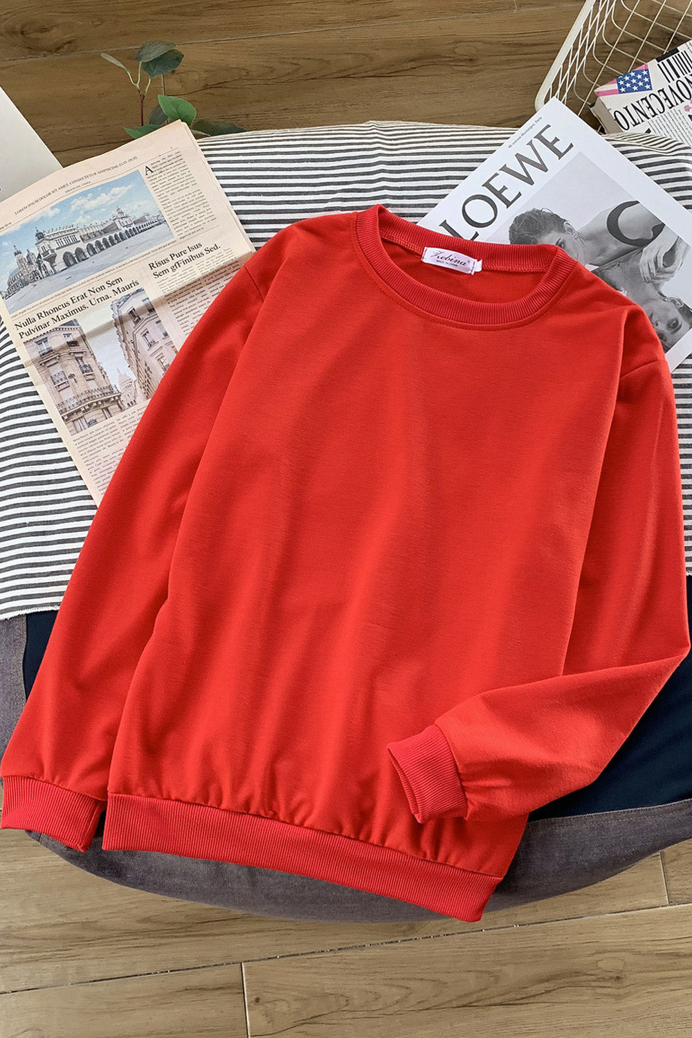 Women Comfartbale Round Neck Ribbed Hem Solid Color Autumn Sweatshirt