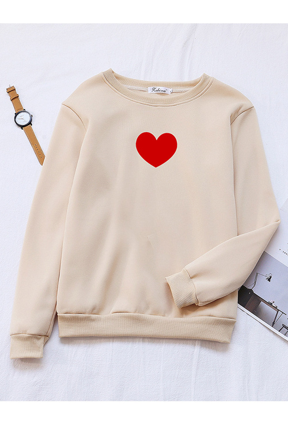 Women Stylish Printed Pattern Long Sleeve Pullover Ribbed Hem Winter Sweatshirt