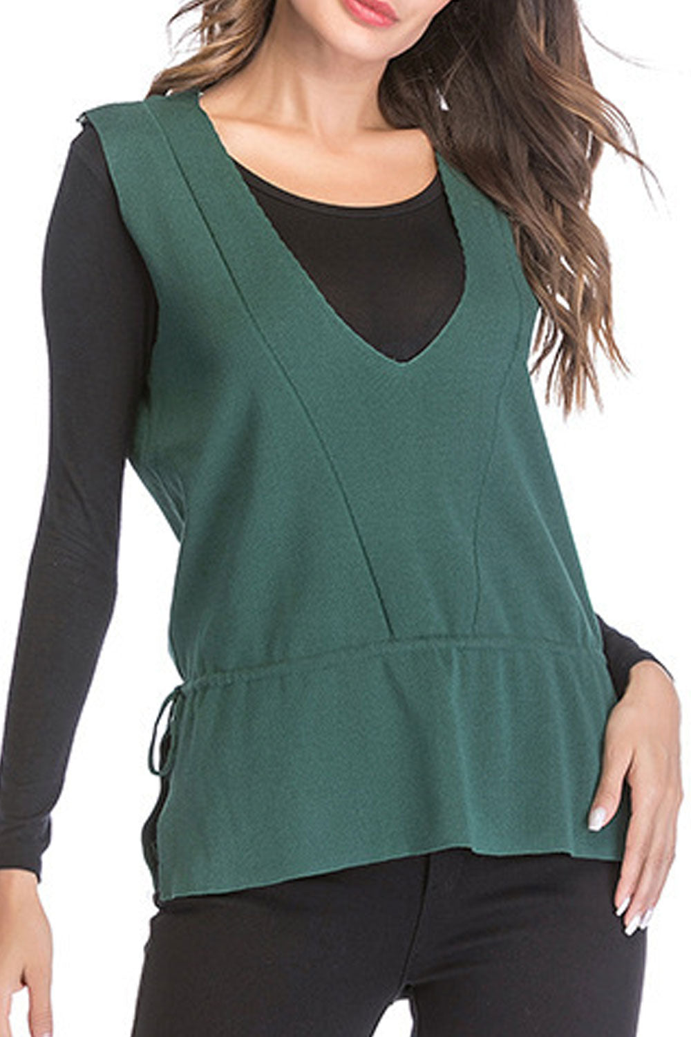 Women Restful Deep V-Neck Beautiful Solid Colored Summer Sleeveless Casual Knitted Sweater