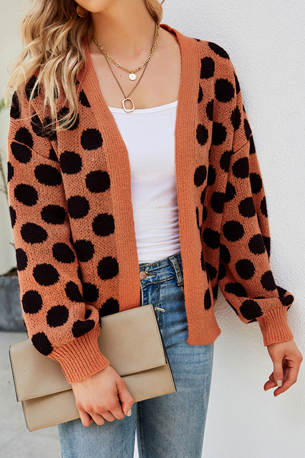 Women Awesome Polka Dotted Pattern Warm Long Sleeve Front Open Fashion Winter Cardigan