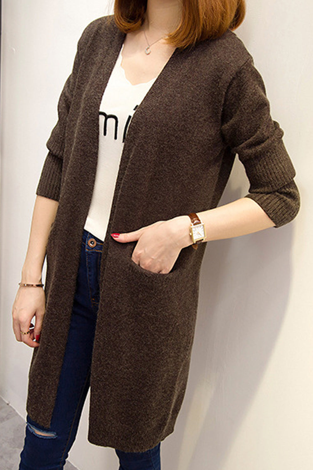 Women Restful & Warm Long Sleeve Superb Solid Colored Winter Fashion Front Open Cardigan