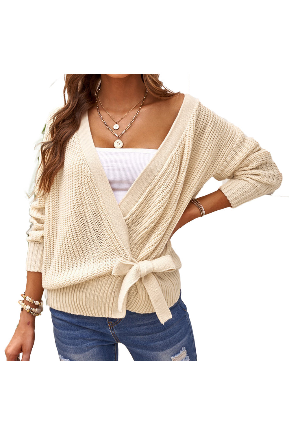 Women Knitted Long Sleeve Easy V-Neck Front Knotted Styled Superb Solid Colored Winter Cardigan