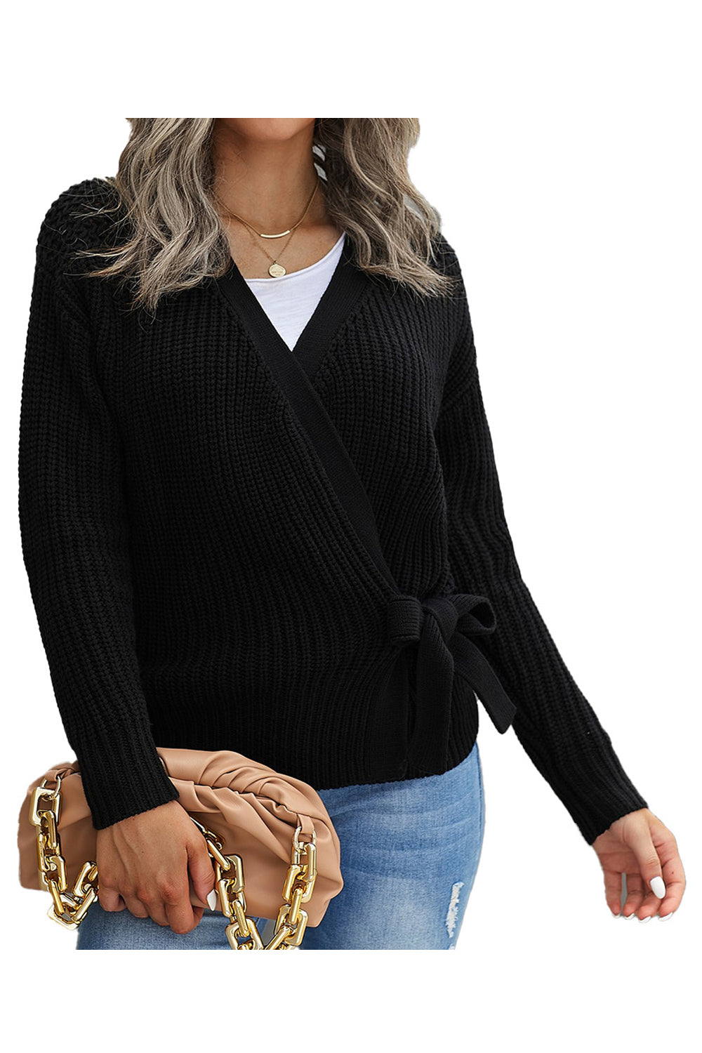 Women Knitted Long Sleeve Easy V-Neck Front Knotted Styled Superb Solid Colored Winter Cardigan