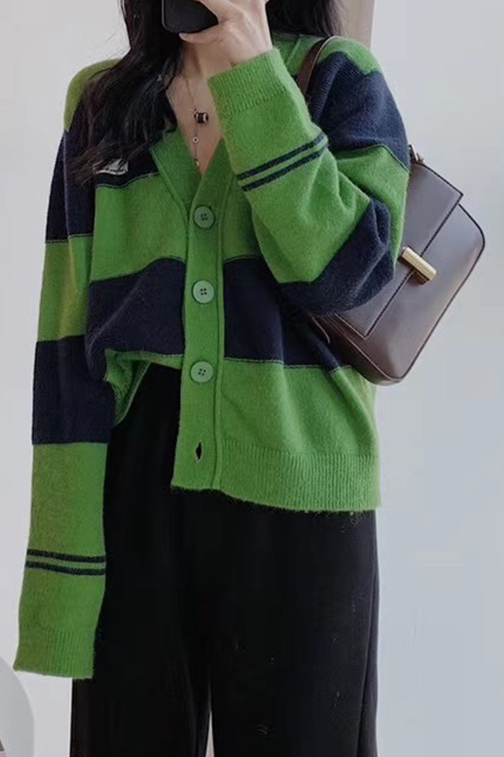 Women Loose Styled Trendy Striped Pattern Warm Long Sleeve Easy Button Closure Winter Cardigan