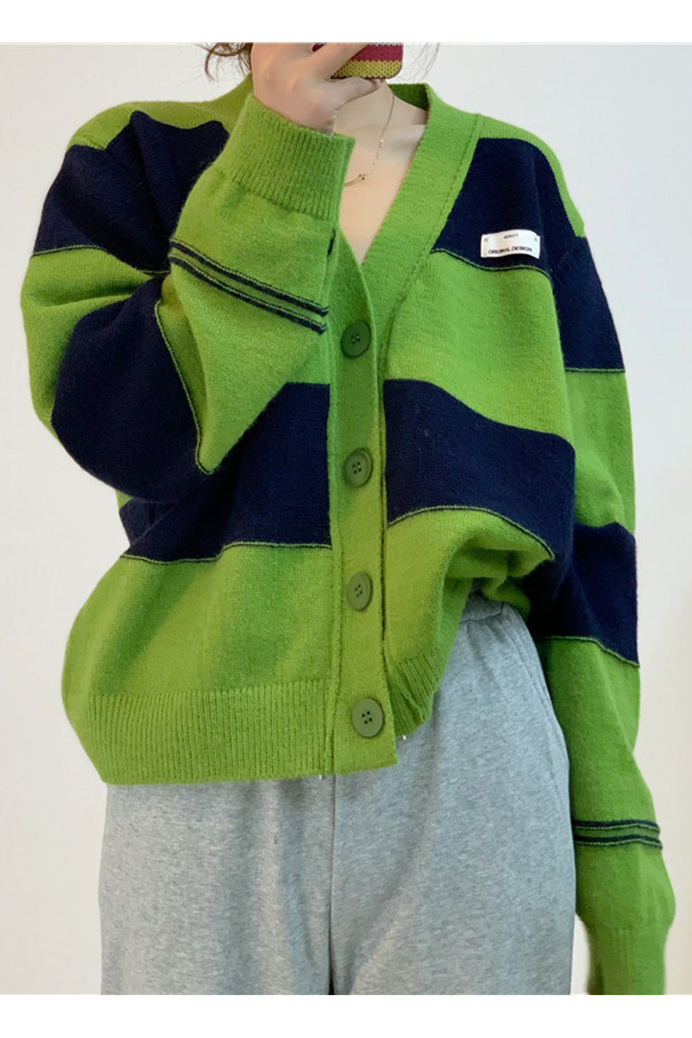 Women Loose Styled Trendy Striped Pattern Warm Long Sleeve Easy Button Closure Winter Cardigan