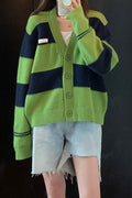Women Loose Styled Trendy Striped Pattern Warm Long Sleeve Easy Button Closure Winter Cardigan