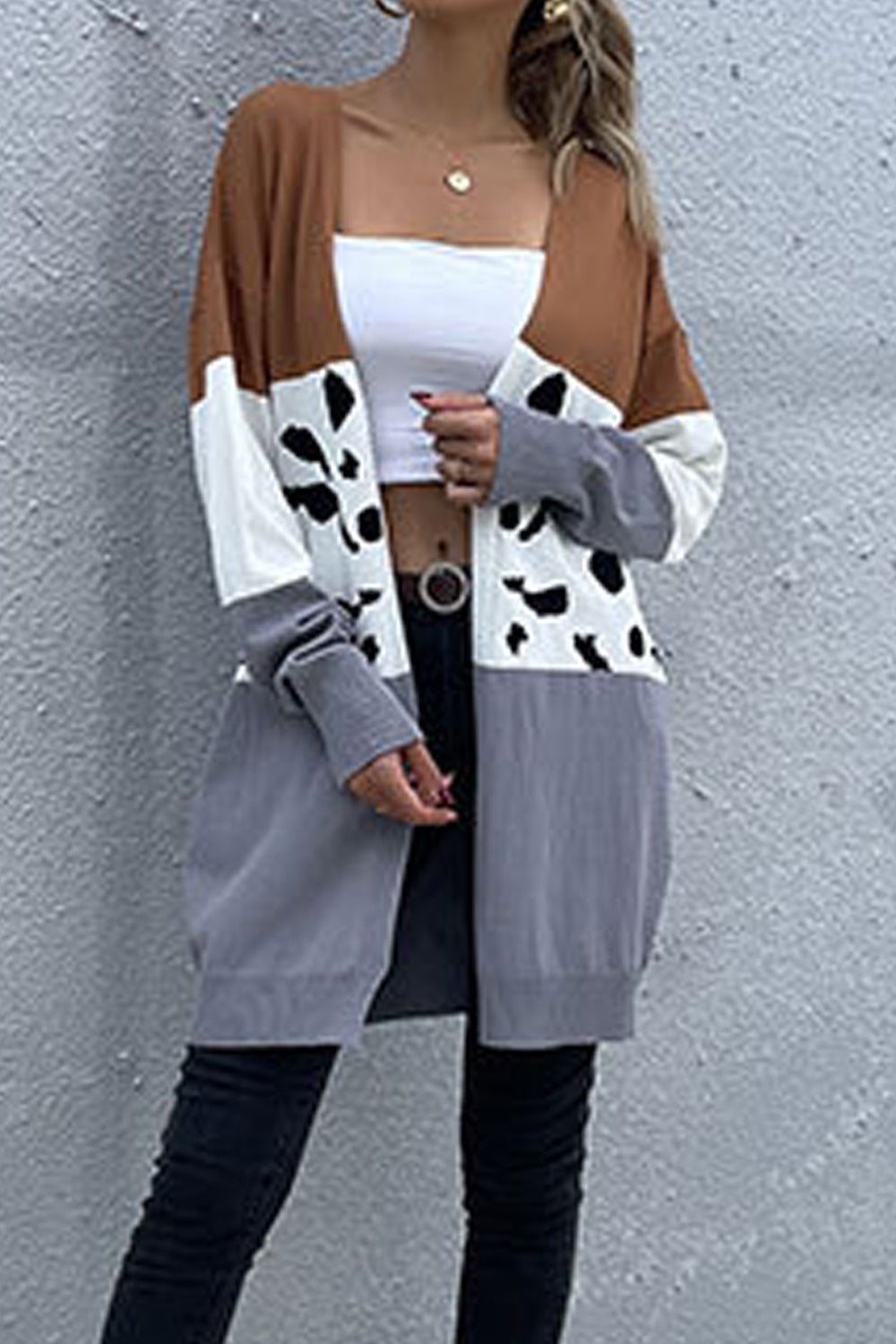 Women Beautiful Leopard Pattern Winter Mid-Length Long Sleeve Easy Front Open Warm Cardigan