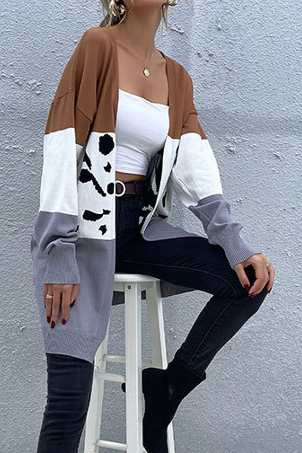 Women Beautiful Leopard Pattern Winter Mid-Length Long Sleeve Easy Front Open Warm Cardigan