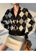 Women Beautiful Diamond Pattern Button Closure Styled Warm Long Sleeve Winter Cardigan