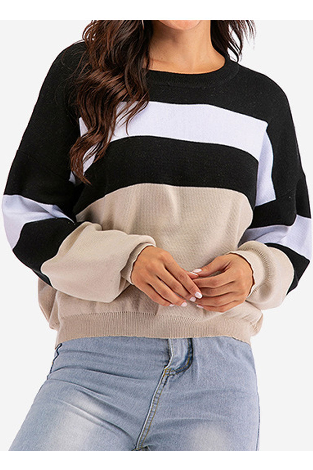 Women Lovely Striped Pattern Restful & Warm Long Sleeve Easy Round Neck Winter Sweater