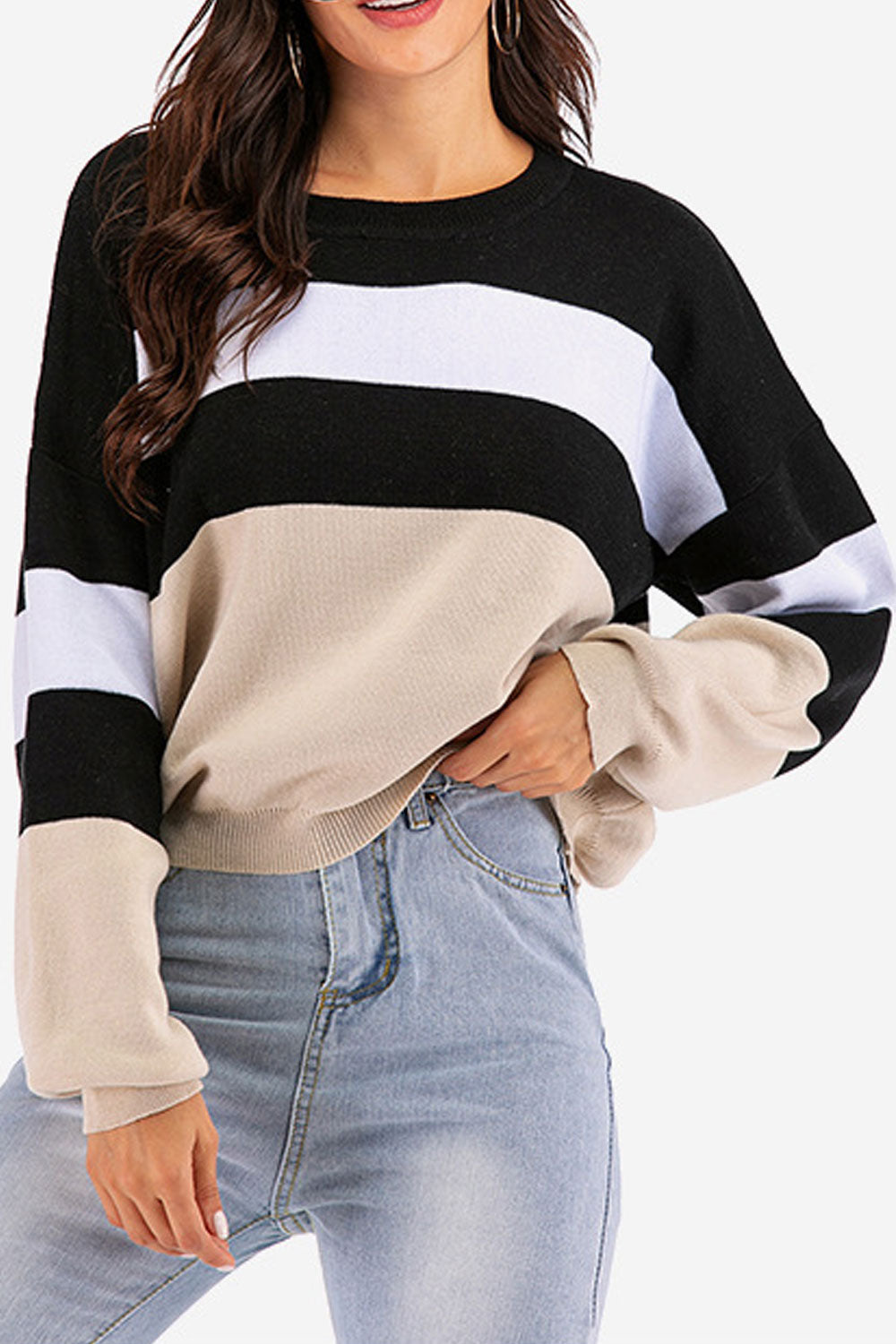 Women Lovely Striped Pattern Restful & Warm Long Sleeve Easy Round Neck Winter Sweater