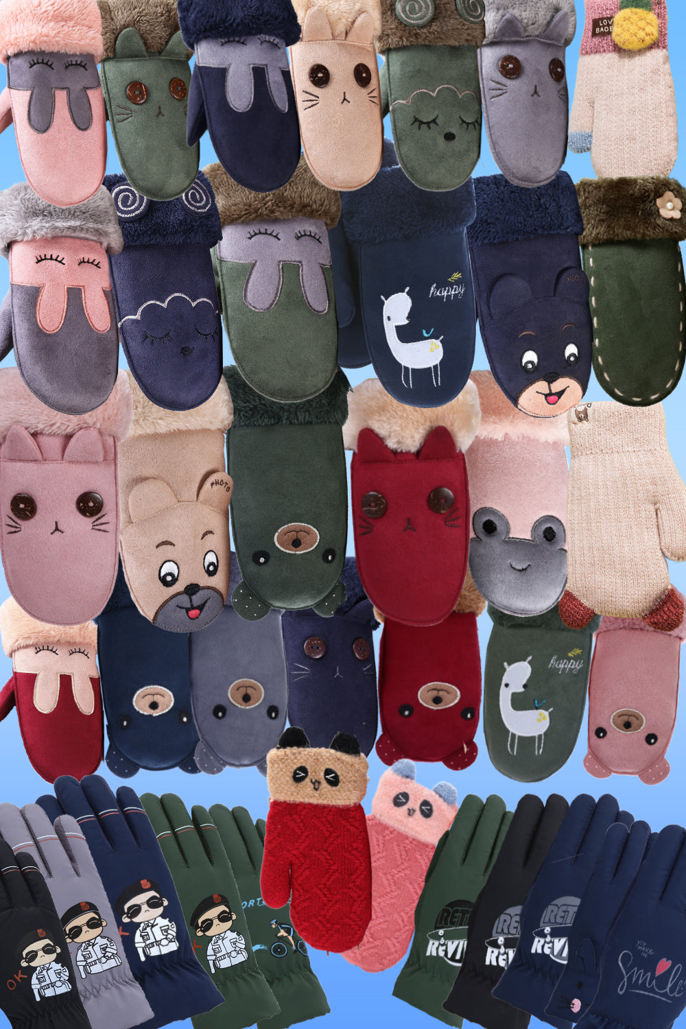Pack of 3 - Kids Warm Thick Decorated Winter Gloves - Any 3 Available Colors