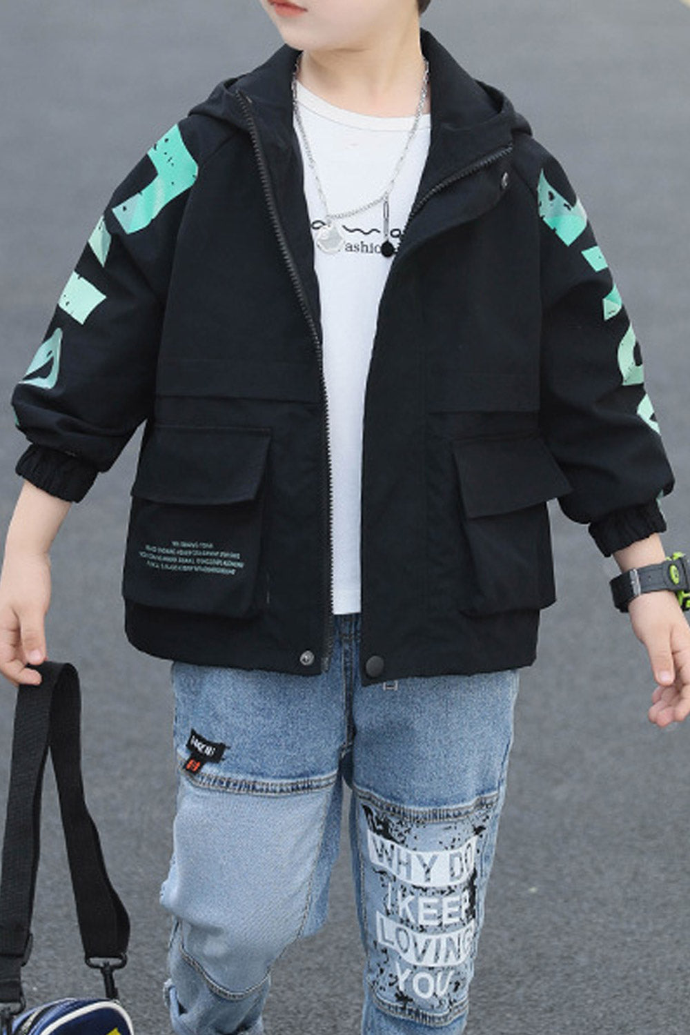 Kids Boys Excellent Flap Pockets Hooded Neck Zip Closure Windbreaker Winter Jacket