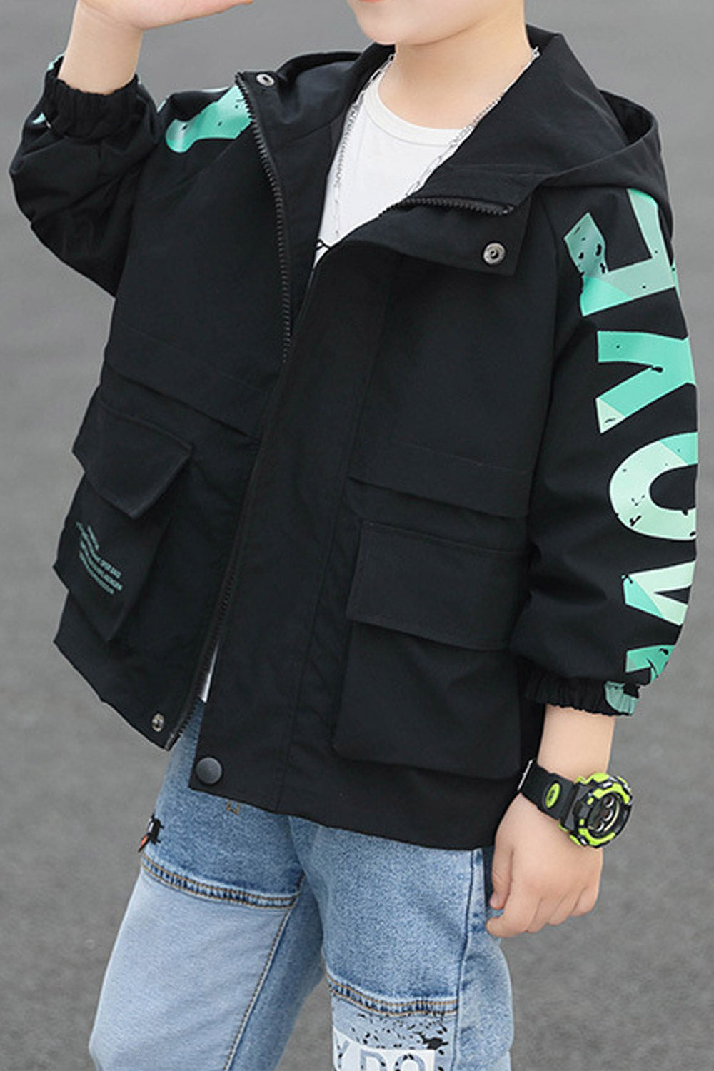 Kids Boys Excellent Flap Pockets Hooded Neck Zip Closure Windbreaker Winter Jacket