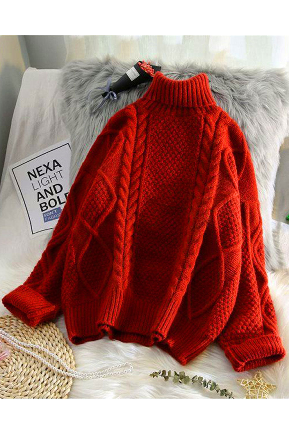 Women Thick High Neck Fabulous Solid Colored Loose Long Sleeve Winter Pullover Knitted Sweater