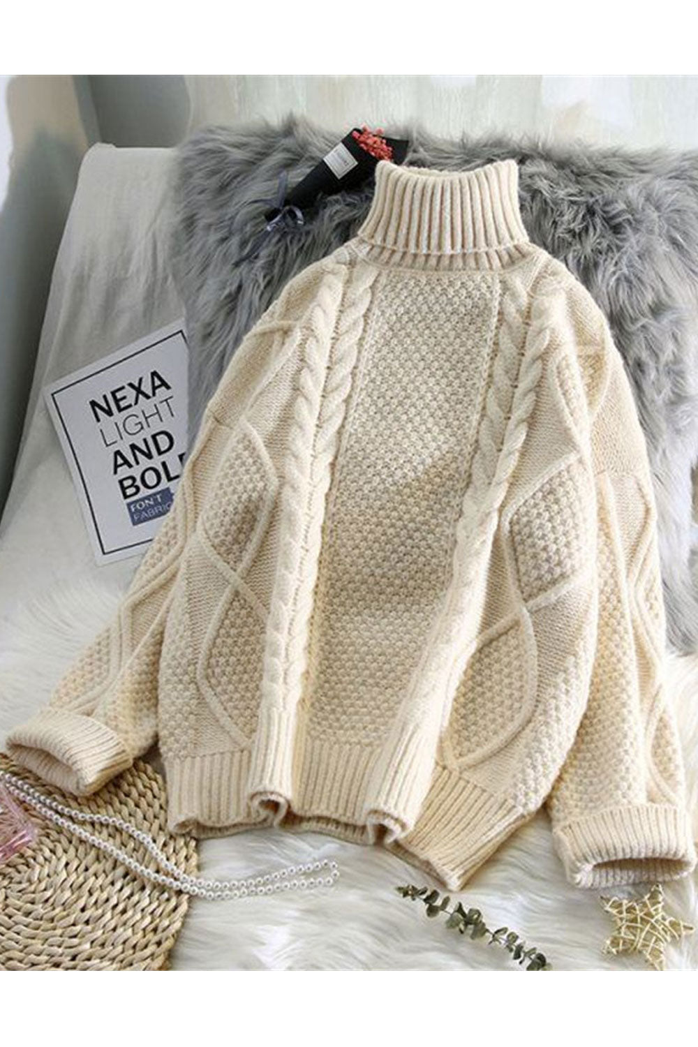 Women Thick High Neck Fabulous Solid Colored Loose Long Sleeve Winter Pullover Knitted Sweater