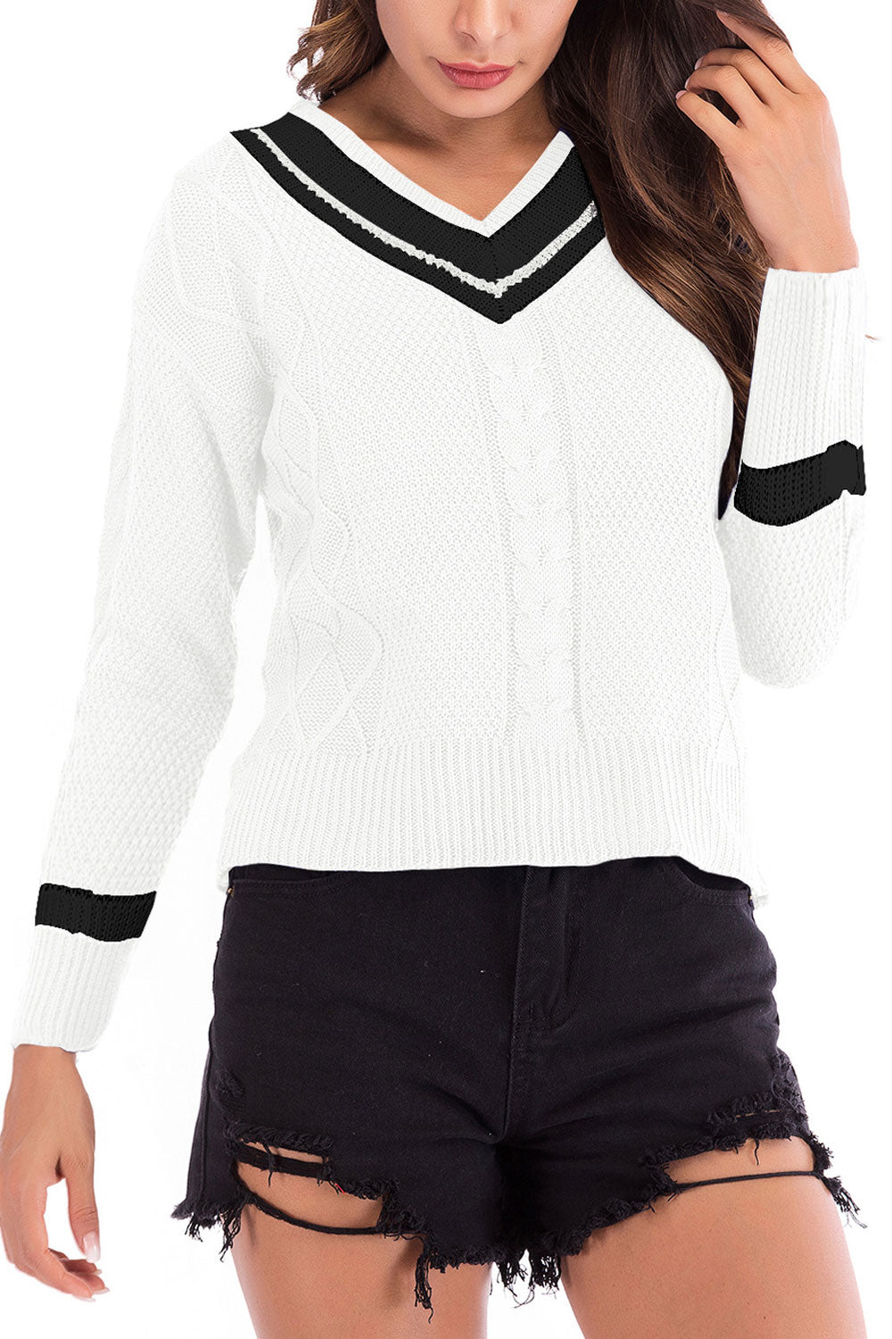 Women Relaxed Fit Beautiful Striped Pattern Easy V-Neck Warm Long Sleeve Winter Pullover Sweater