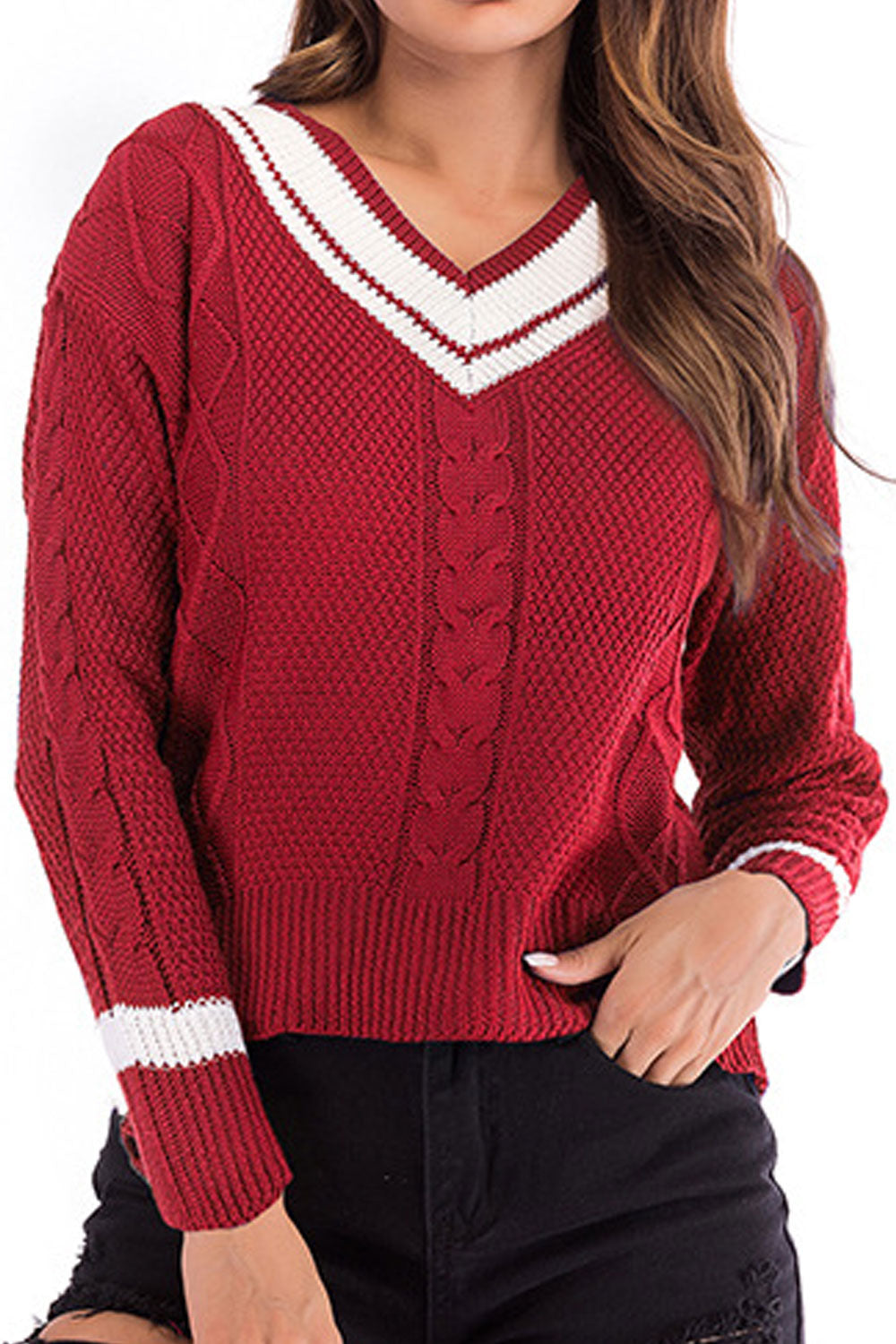 Women Relaxed Fit Beautiful Striped Pattern Easy V-Neck Warm Long Sleeve Winter Pullover Sweater