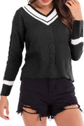 Women Relaxed Fit Beautiful Striped Pattern Easy V-Neck Warm Long Sleeve Winter Pullover Sweater