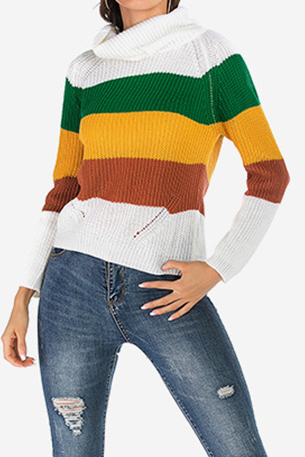 Women Sophisticated Printed Pattern Relaxed Fit Long Sleeve Warm Turtle Neck Casual Sweater